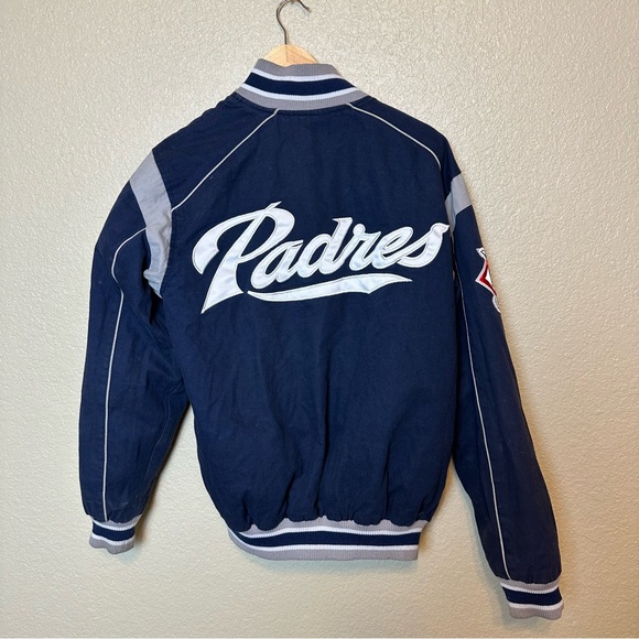 San Diego Padres Vintage Brown Satin Varsity Baseball Bomber Jacket Reversible - Picture 13 of 14
